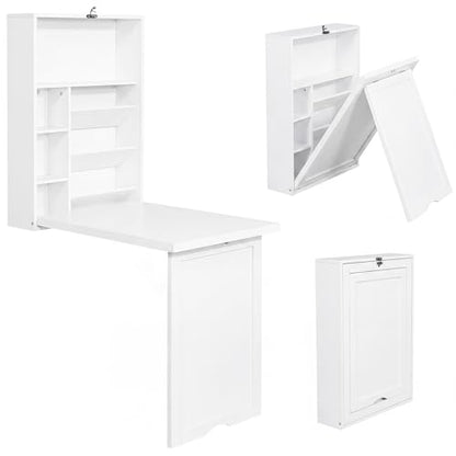 Tangkula Folding Wall Mounted Desk, Convertible Fold Out Floating Table with Storage Shelves, Space-Saving Drop Leaf Table, Murphy Desk for Craft, Study, Small Spaces, Home Office, Dorm, White - color: White