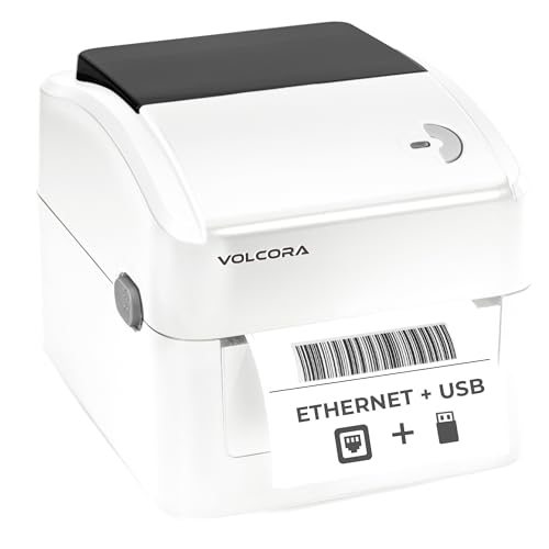 Volcora Thermal Label Printer with Ethernet/USB - Desktop 4x6 Shipping Label Printer, Compatible with Windows, Linux, Mac - Ideal for Small Business, Inkless Printer for Shipping Packages (White)
