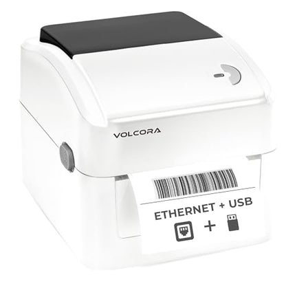 Volcora Thermal Label Printer with Ethernet/USB - Desktop 4x6 Shipping Label Printer, Compatible with Windows, Linux, Mac - Ideal for Small Business, Inkless Printer for Shipping Packages (White)