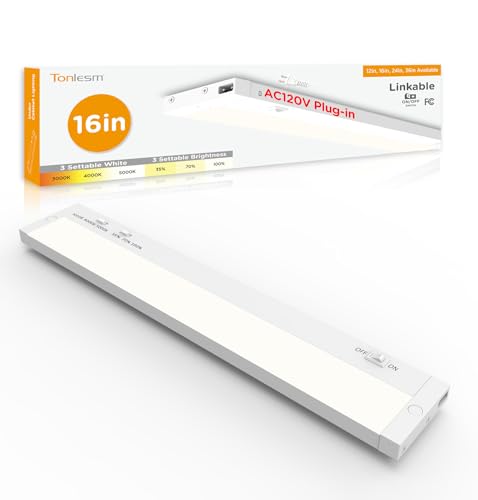 Under Cabinet Lighting Plug in,9W 120V 3 Color 3000K/4000K/5000K,3 Brightness,Super Bright,Ultra Thin Under Counter Lights for Kitchen,Linkable LED Cabinet Light(16inch,White,1Pack) - color: White, size: 16 Inch