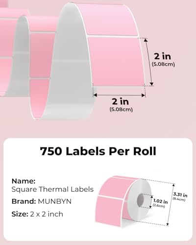 MUNBYN 2x2 Thermal Labels, 750 Sheets/Roll, Pink - color: Pink, size: 2x2"