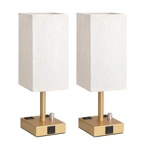Gold Bedside Table Lamps Set of 2 - Dimmable, USB C+A, 2 AC Outlets | Stepless Dimmable by Rotary Knob, 3000K LED Bulbs Included, Square Cream Linen Shade, Nightstand Lamp for Living Room, Desk - color: Gold