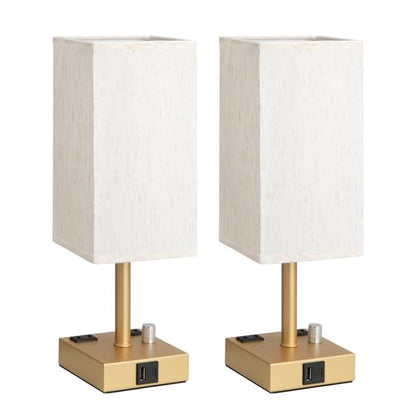 Gold Bedside Table Lamps Set of 2 - Dimmable, USB C+A, 2 AC Outlets | Stepless Dimmable by Rotary Knob, 3000K LED Bulbs Included, Square Cream Linen Shade, Nightstand Lamp for Living Room, Desk - color: Gold