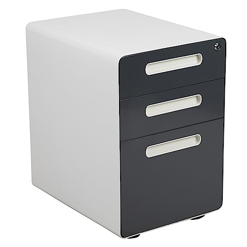 Flash Furniture Wren Ergonomic 3-Drawer Mobile Locking Filing Cabinet with Anti-Tilt Mechanism & Letter/Legal Drawer, White with Charcoal Faceplate - color: White and Charcoal, style: Ergonomic