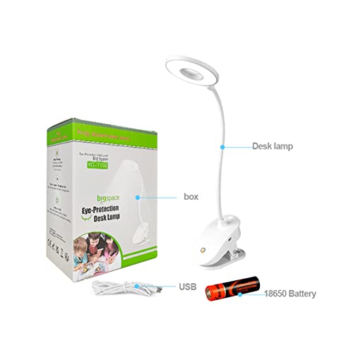 Clip on Reading Lamp, Battery Powered with 3 Brightness Levels, USB Rechargeable