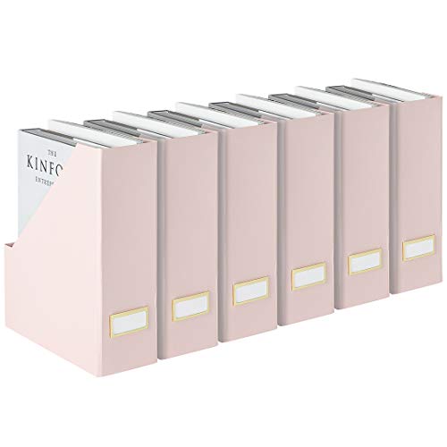 BLU MONACO | Cardboard Magazine File Holder Set of 6 Pink | Vertical Magazine File Holder with Gold Label Slots | Standing File Holder and Cardboard Bins for Shelves Desk Storage - color: Pink