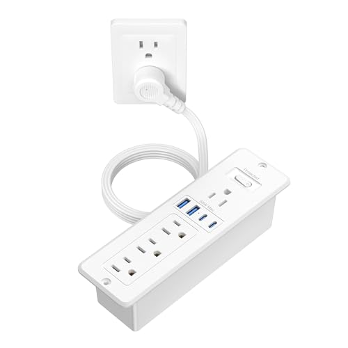 65W USB C Recessed Power Strip, Flush Mount Recessed Outlet | Hidden Furniture Charging Station with 4 Outlets & 2 GaN USB C & 2 USB-A Ports for Drawer Cabinet 3FT Cord White - color: White, size: 3 FT