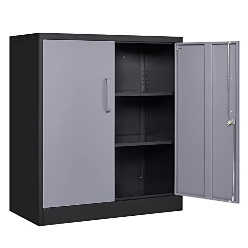 Metal Garage Storage Cabinet with 2 Doors and 2 Adjustable Shelves - 35.5" Steel Lockable File Cabinet for Home Office,Garage,Gym,School（Gray Black） - color: Gray Black, size: 2 Door - 35.5"H