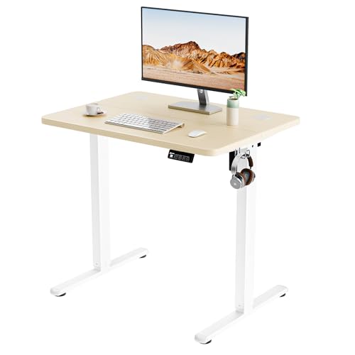 Small Standing Desk, 32"x24" Height Adjustable Sit-Stand, Home Office, Oak | Electric Adjustable Standing Desk, Sit to Stand Computer Office Desk with Splice Board, Memory Preset, Lifts 28.7''-46.5" - color: White Frame-gold Oak, size: 32-inch