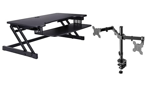 Rocelco 37.5" Deluxe Height Adjustable Standing Desk Converter with Dual Monitor Mount BUNDLE - Quick Sit Stand Up Computer Workstation Riser - Large Retractable Keyboard Tray - Black (R DADRB-DM2) - color: Black, size: 37.5", style: Riser+Dual Mount