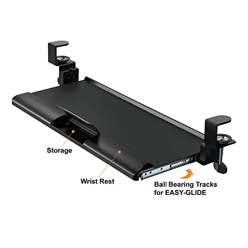 Kantek Desk Clamp Tilting Keyboard Tray, 5 Tilt Angles, Negative and Positive Tilt, Slides Under Desk, 26.8-Inch W x 11.1-Inch D, Black (KT175) - size: 26.8-Inch W x 11.1-Inch D