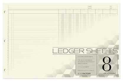 8 Column Accounting Ledger Sheets, 50 Pages | Large Columnar Loose Leaf Paper, 3-Hole Punched, 17'' x 11'' - Made in USA - size: 8 Column, style: Loose Leaf Sheets