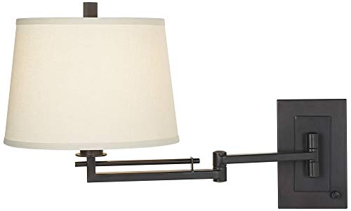 Easley 15" Bronze Plug-In Swing Arm Modern Wall Lamp Light Fixture | Adjustable Cord Matte Brown Dimmable Fabric Drum Shade for Bedroom Bedside Living Room Reading Kitchen