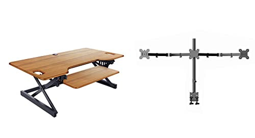 Rocelco 46" Large Height Adjustable Standing Desk Converter with Triple Monitor Mount BUNDLE - Sit Stand Up Computer Workstation Riser - Retractable Keyboard Tray - Teak Wood Grain (R DADRT-46-DM3) - color: Teak/Black, size: 46", style: Riser+Triple Mount