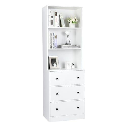VOWNER Vertical File Cabinet, 3-Tier Modern Bookshelf with 3 Large Drawer, Wood Filing Cabinet with Open Storage Shelf, Glass Doors and Adjustable Shelves for Home Office, White (A)