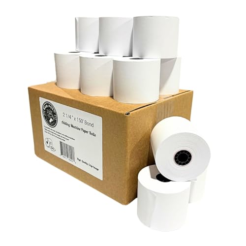 BAM POS 2 1/4" x 150' 1-Ply Bond Paper Rolls - For Machines & Calculators - Clear Prints - Compatible with HR-10RC, HR-170RC, HR-200RC, EL-1197PIII, EL-1801V, P23-DHV-3, CP-90A, & More (12 Rolls)