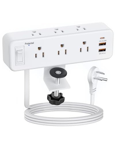 PAEWOK 6 Outlet Desk Clamp Power Strip, Flat Plug Extension Cord - color: White