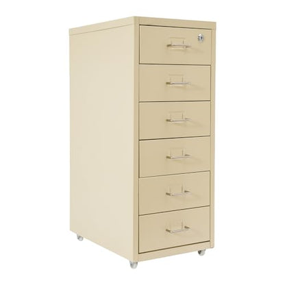 6 Drawers File Cabinet with Lock Rolling Mobile Filing Cabinet with Wheels Under Desk Vertical Filing Cabinet for Office/Home Metal (Wood Yellow) - color: Wood Yellow