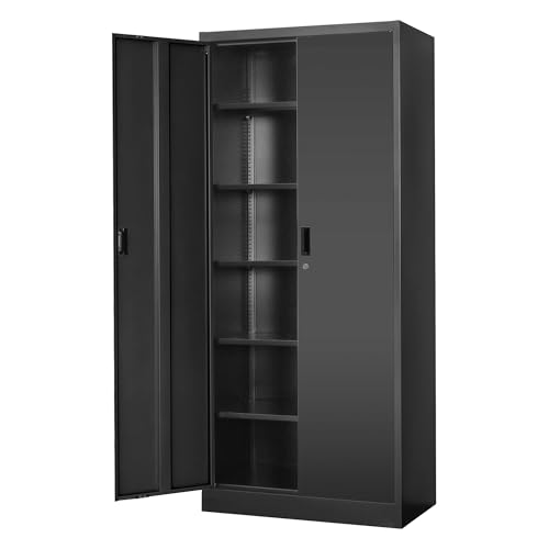Wanfu Metal Storage Cabinet, 71”H Metal Garage Cabinet with 5 Adjustable Shelves, Locking Storage Cabinets for Garage, Home, Office, Pantry(Black) - color: Black, size: 71"-0drawers