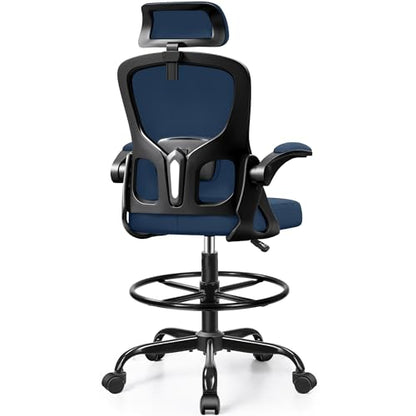 Drafting Chair, Tall Office Chair for Standing Desk, Ergonomic High Back with Headrest, Lumbar Support, Foot Ring and Flip-up Armrests, Navy Blue - color: Navy Blue