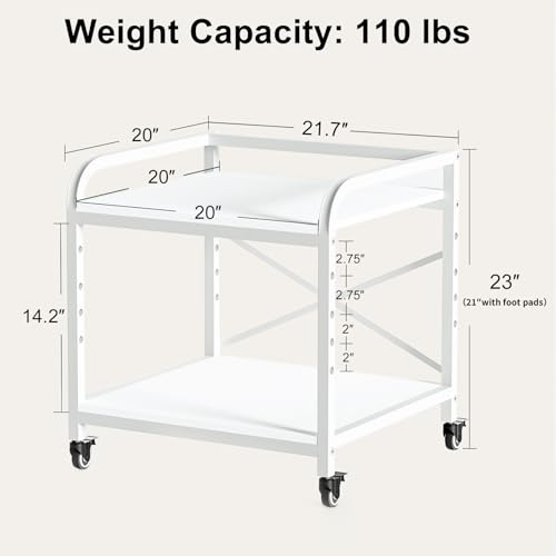20 Inches Large White Printer Stand, 2-Tier Under Desk Printer Table with Height Adjustable Shelf, Rolling Printer Cart with Industrial Wheels for Home Office (White) - color: White