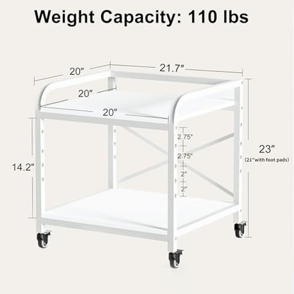 20 Inches Large White Printer Stand, 2-Tier Under Desk Printer Table with Height Adjustable Shelf, Rolling Printer Cart with Industrial Wheels for Home Office (White) - color: White