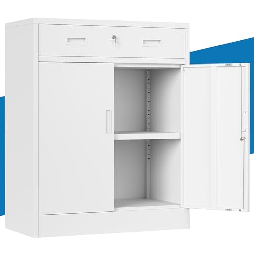 Metal Storage Cabinet, 36" Locking Cabinet with Adjustable Shelves for Garage, Office (White, 1 Drawer) - color: White, size: 36"H×28"W×16"D-1Drawer