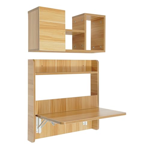 Folding Wall Mounted Desk, Fold Down Table with Storage Shelves, Wall Mounted Laptop Desk, Space Saving Table for Laptop, Multifunctional Computer Workstation for Home Office Dormitory (Light Walnut) - color: Light Walnut