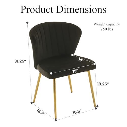 Velvet Dining Chairs Set of 2, Modern Upholstered Vanity Chairs with Golden Metal Legs for Dining Room Kitchen Vanity Patio (Black) - color: Black
