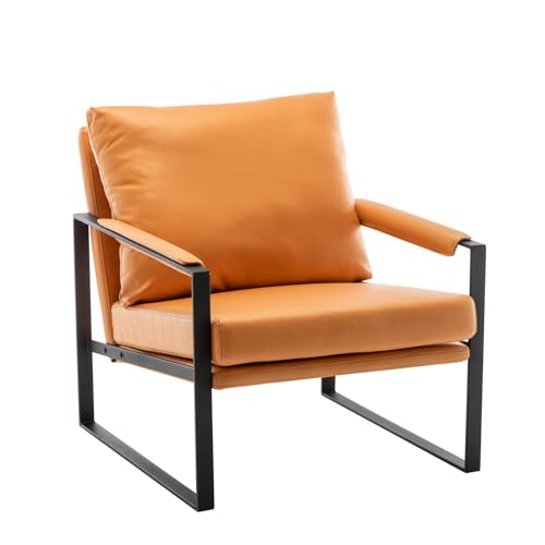 Modern Faux Leather Accent Chair, Upholstered Armchair with Metal Frame, Thick Seat Cushion and Oversized Back Pillow, Easy-Clean Lounge Chair for Living Room, Bedroom, Office and Reception - color: Hermes Orange