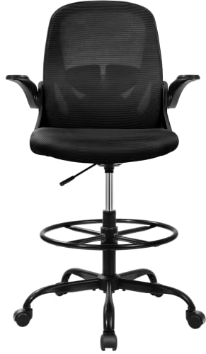 Drafting Chair Tall Office Chair with Flip-up Armrests Executive Ergonomic Computer Standing Desk Chair with Lumbar Support and Adjustable Footrest Ring (Black) - color: Black, size: 934-Z