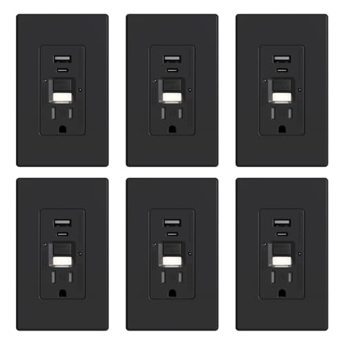 ELEGRP GFCI Outlet with USB Ports and Nightlight, 15 Amp Self-Test GFCI Combination with USB Ports, Tamper Resistant GFCI USB Outlet w/Nightlight, Wall Plate Included, UL Listed, Matte Black, 6 Pack - color: Matte Black, size: Lighted GFCI Outlet with USB