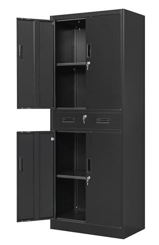 Wanfu Metal Storage Cabinet, 71" H x 28" W x 16" D Locking Storage Cabinet with Adjustable Shelves and 1 Drawer, Steel Cabinet for Office, Garage, Home, School, Utility (Black) - color: Black, size: 71"-1drawer