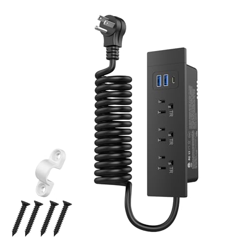 Furniture Drawer Outlet (ETL Listed), Tamper-Resistant Design AC Outlets,Recessed Power Strip with 3 PD 20W USB Ports Fast Charging & 3 AC Outlets, 5 FT Spring Cord (Black) - color: Black