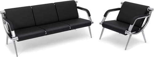 wonline 4 Seat Waiting Room Chair with Armrest PU Leather Office Furniture, Office Guest Seating Lobby Conference Reception Chairs for Airport Clinic Hospital Bank Salon Barber(Black) - color: Chrome & Black, size: 4 Seat