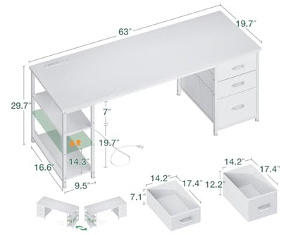 AODK 63 Inch Computer Desk with Drawers & USB Power Outlets - color: White, size: 63 Inch