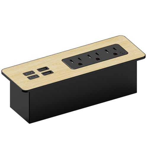 Kable Kontrol Recessed Power Strip Kit with Fast Charging 2 PD65W USB-C Ports, 2 USB-A ports, 3 Power Desk Outlets, Replaceable Wooden Finish Panel Plate Flush Mount Furniture Charging Station Grommet - color: Black With Wooden Finish Plate, size: 1
