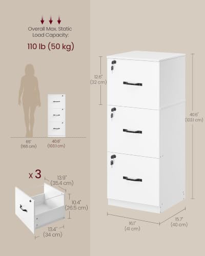 VASAGLE 3 Drawer File Cabinet with Locks, for A4, Letter Sized Documents - color: Cloud White, size: 3 Drawers