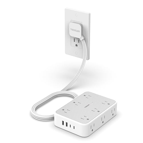 TESSAN Surge Protector Power Strip, 5FT Flat Extension Cord with Multiple Outlets, 12 Outlet Extender with 4 USB (2 USB-C), Flat Plug Power Strip, 1800J Surge Protection, Office, Dorm Essentials - size: 5 FT