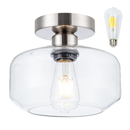 Tbaoinal Semi Flush Mount Ceiling Light Clear Glass Shade Matal Base, Inclede LED Bulb, Low-Profile for Kitchen/Hallway/Entryway/Bathroom, Silver - color: Silver