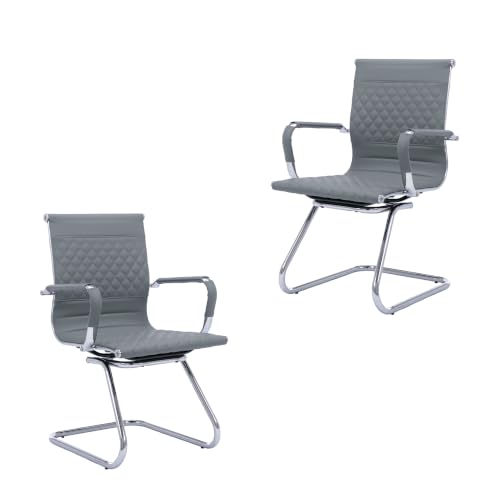 HNY Set of 2 PU Leather Office Guest Chairs, Grey - color: Grey
