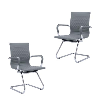 HNY Set of 2 PU Leather Office Guest Chairs, Grey - color: Grey