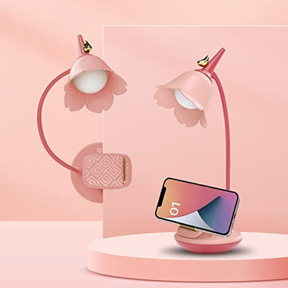 Pink Desk Lamp with Clamp, Rechargeable LED Small Lamp, Adjustable Gooseneck, Dimmable Cute for Kids Girls Bedroom Dorm Office