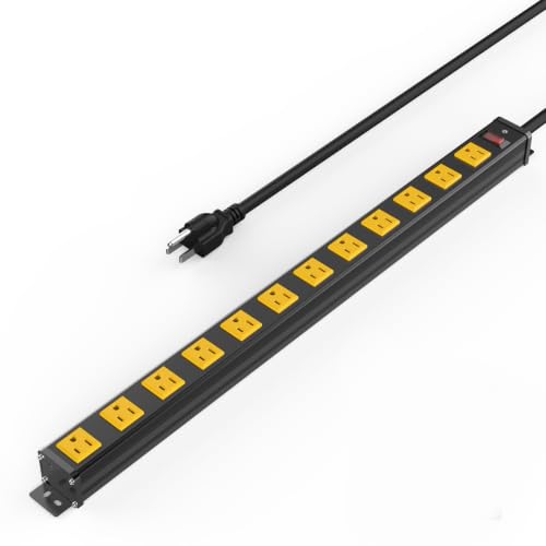 12 Outlets Long Metal Power Strip, 14AWG Extension Cord, 6FT | Wall Mount, 1.97 In Wide Spacing, Aluminum Housing, 15A/1875W, Surge Protection, ETL Listed for Garage, Workshop, Classroom - size: 12 Outlet