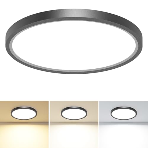 1PACK LED Flush Mount Ceiling Light Fixture, 3000K-4000K-6500K & 100W Equivalent Modern Kitchen Ceiling Lamp 24W 3200Lm 12 Inch Closet Round Surface for Bathroom Laundry Bedroom Hallway, Black - color: Black, size: 12Inch-1Pack
