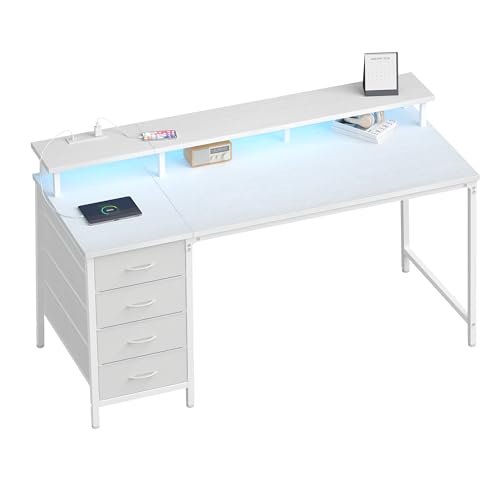 DUMOS 40-Inch Gaming Desk with Power Outlets and LED Lights, White