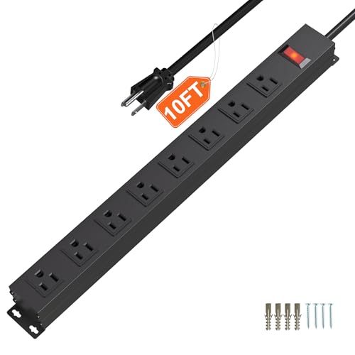 8 Outlet Metal Power Strip 10ft,Workshop Heavy Duty Power Strip Wide Spaced with Long Cord for Kitchen,Office,School,Commercial,Industrial,1825W/125V/15A,Black (10FT) - color: Black（8 outlet）, size: 10FT