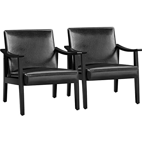 Yaheetech Accent Chairs Set of 2, Mid-Century Faux Leather Armchairs, Black - color: Black