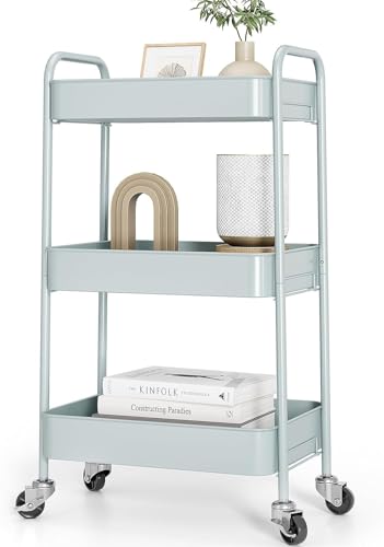 TOOLF 3 Tier Metal Rolling Cart, Utility Storage Cart with Wheels, Green | Screwless Assembly, Lockable Metal Wheels, Trolley Organizer for Bathroom, Kitchen, Office, Dorm, Laundry, Craft Room - color: Green, size: 3-Tier