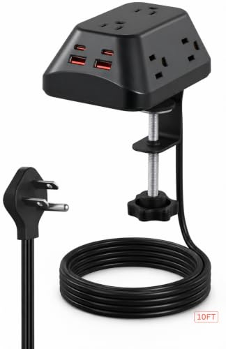 Desk Clamp Power Strip, 6 AC, 2 USB-C & 2 USB-A, 1440J, 10FT Cord - size: 10FT-Black